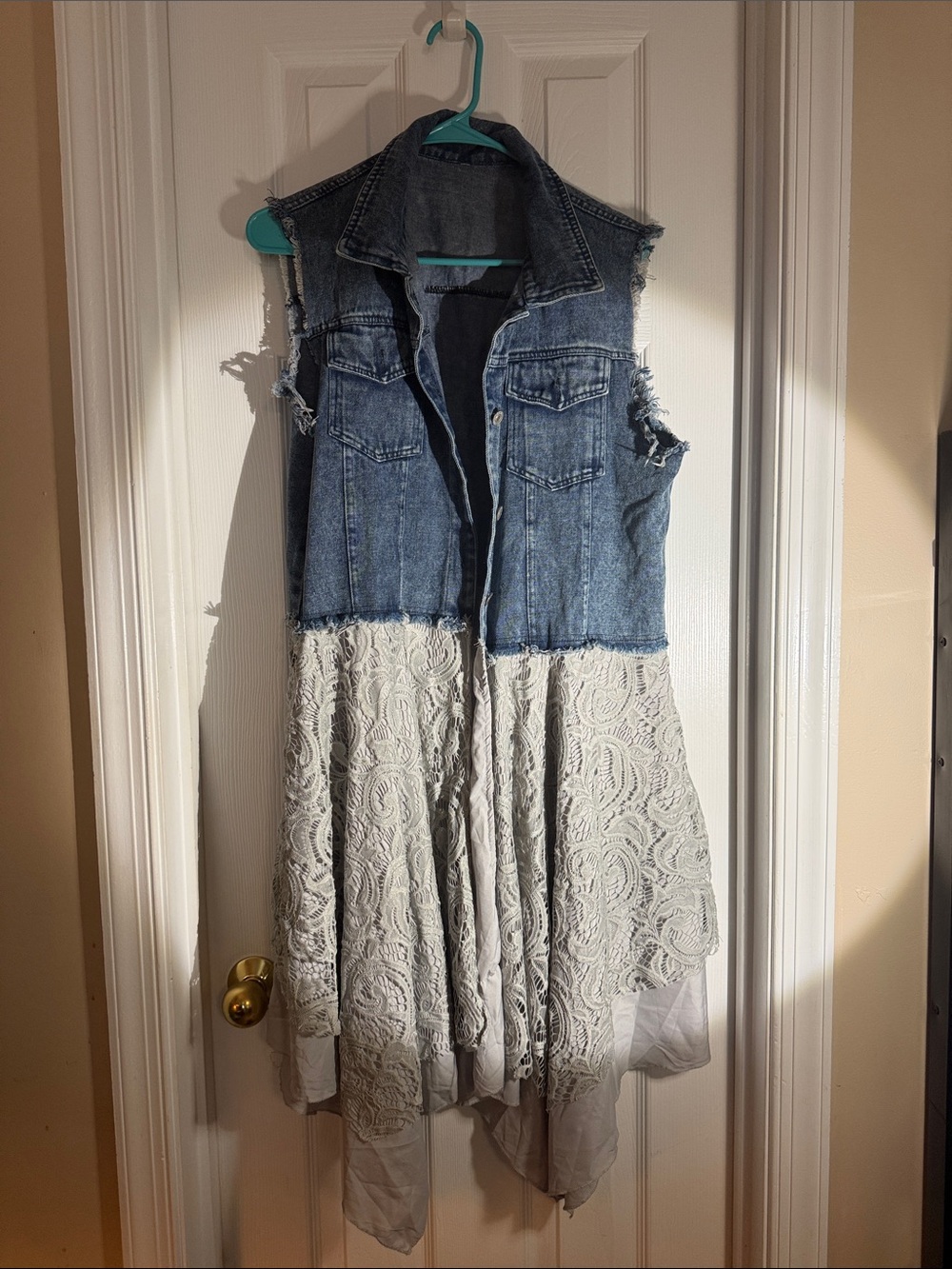 Denim & Lace Sleeveless Dress - Blue and Cream